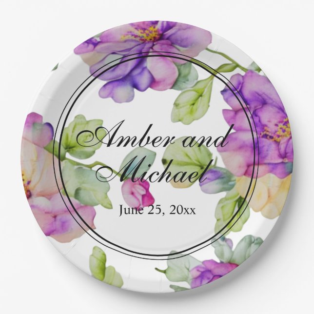 Hochzeitsfeier mit lila Aquarell in Rosa Pappteller (Vorderseite)