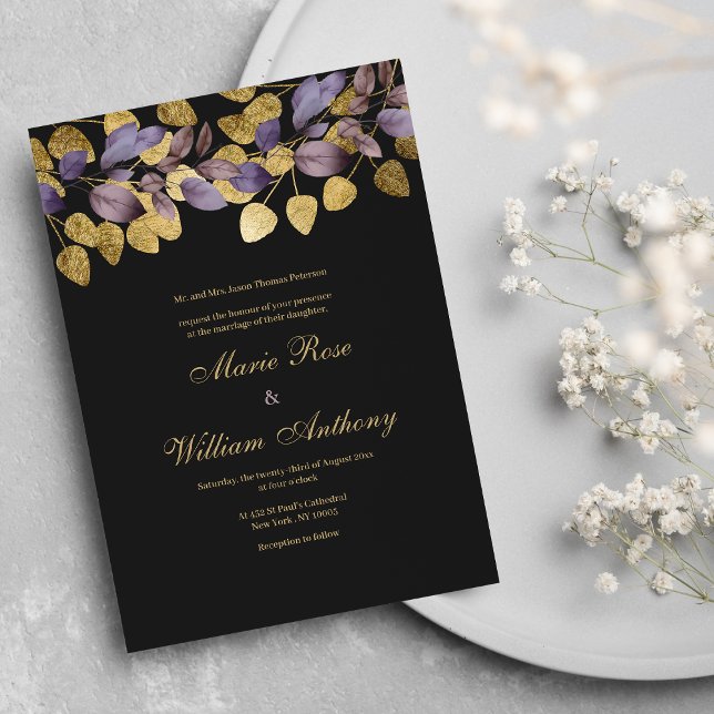 Hochzeitsfeier mit lila braunen goldbraunen Blattw Einladung (Luxury black purple brown gold foliage Wedding )