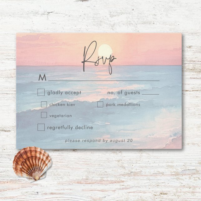 Hochzeitsfeier mit moderner Ocean Sunset Watercolo RSVP Karte (Modern Ocean Sunset Watercolor Beach Wedding RSVP Card)