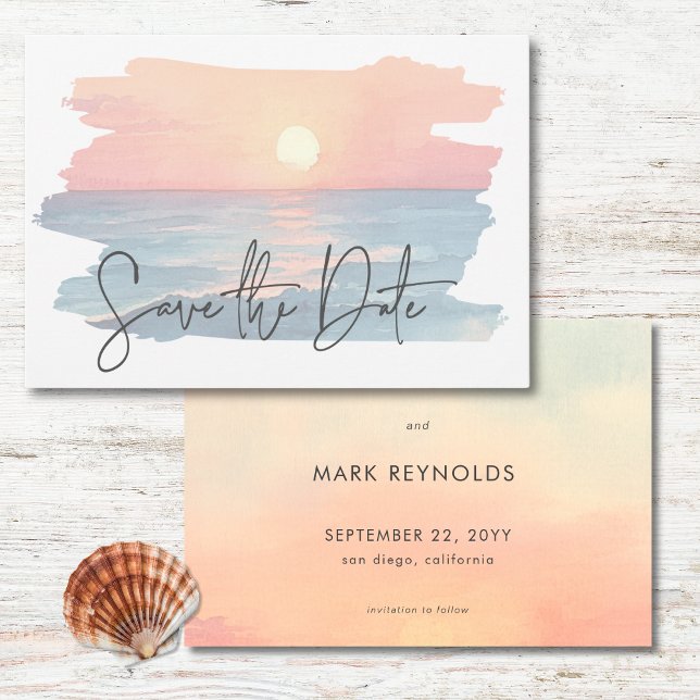 Hochzeitsfeier mit moderner Ocean Sunset Watercolo Save The Date (Modern Ocean Sunset Watercolor Beach Wedding Photo Save The Date)