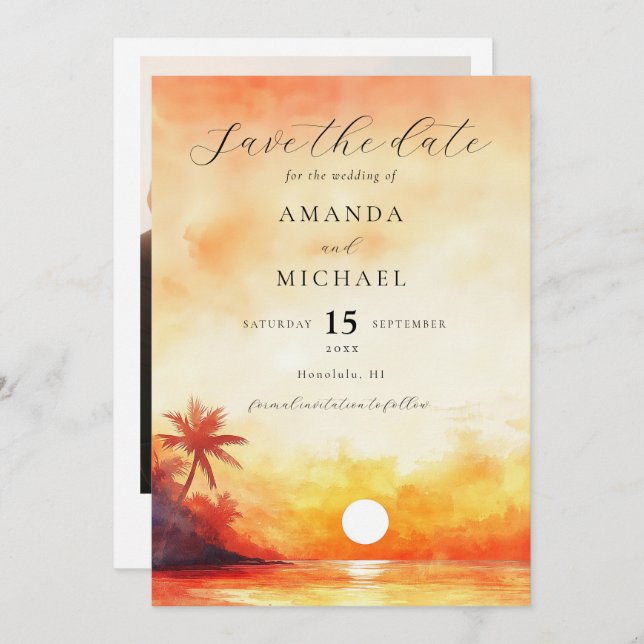Hochzeitsfeier mit Orange Beach Sunset Foto Save The Date (Vorne/Hinten)