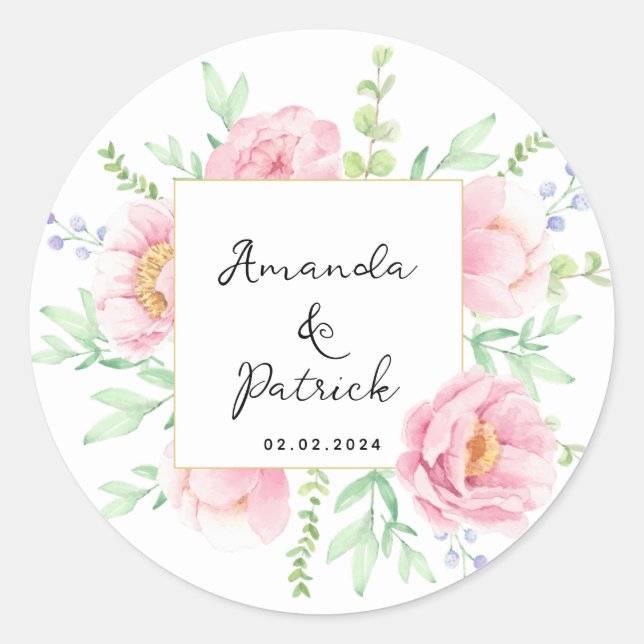 Hochzeitsfeier mit Pink-Pink-Blume Runder Aufkleber (Vorderseite)