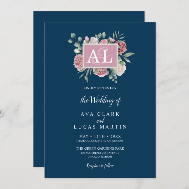 Hochzeitsfeier mit rosa Blumenrahmen Einladung (Vorne/Hinten)