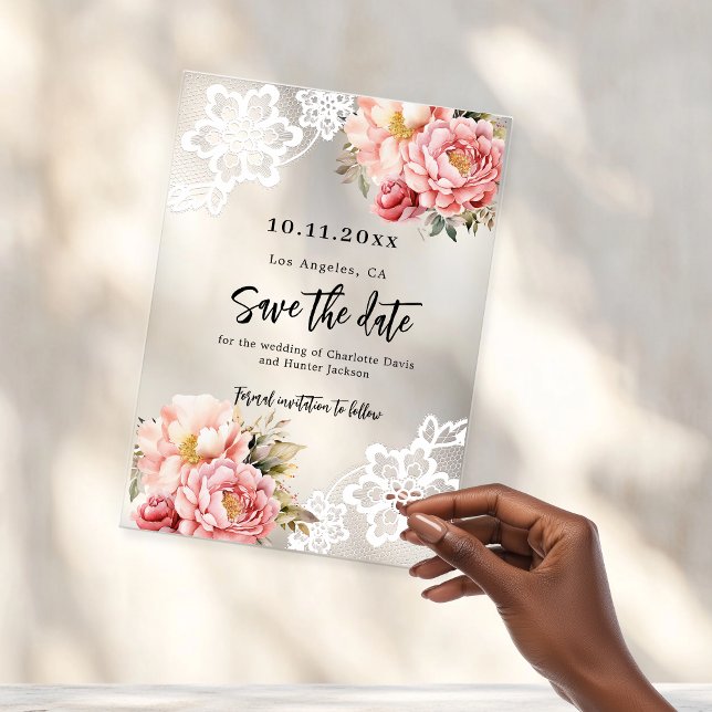 Hochzeitsfeier mit rosa pfirsichfarbenem Spitzen S Acryleinladungen (Von Creator hochgeladen)