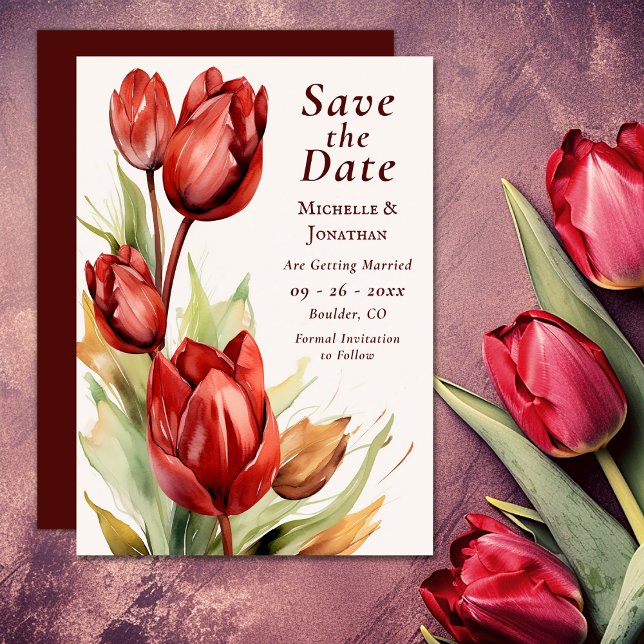 Hochzeitsfeier mit Rotem Tulips Save The Date (Watercolor Red Tulips Spring Floral Wedding Save The Date)