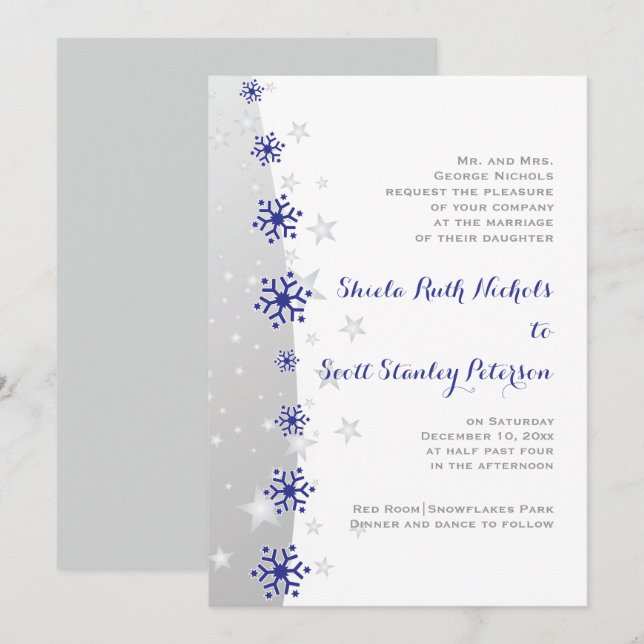 Hochzeitsfeier mit Schneeflocken in Blau und Silbe Einladung (Vorne/Hinten)