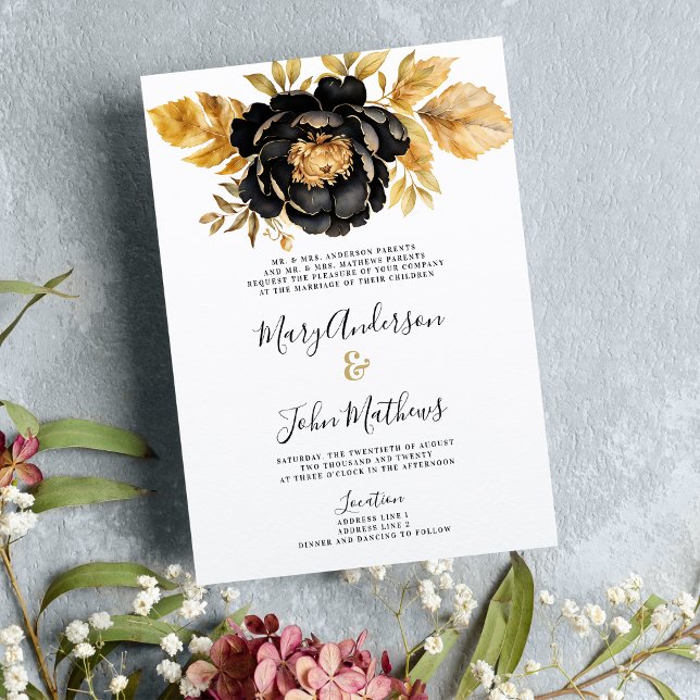 Hochzeitsfeier mit Schwarz-weißem Elfenbeingold Einladung (Classy black white ivory gold peony floral Wedding )