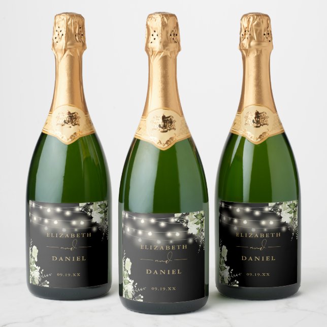 Hochzeitsfeier mit schwarzem Gold-Blumengrün (Flaschen)