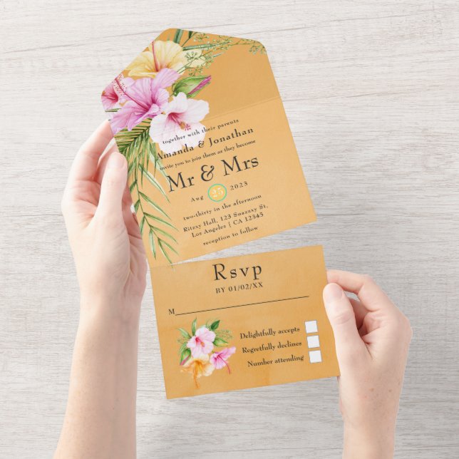 Hochzeitsfeier mit tropischem Flora All In One Einladung (Abreißen)