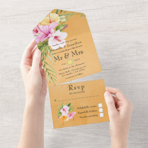 Hochzeitsfeier mit tropischem Flora All In One Einladung