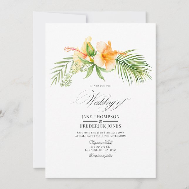 Hochzeitsfeier mit tropischem Flora Einladung (Vorderseite)