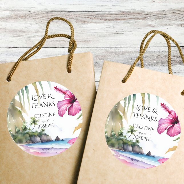 Hochzeitsfeier mit tropischen Palmen Runder Aufkleber (Tropical beach palms wedding thank you favor stickers destination island wedding favor stickers)