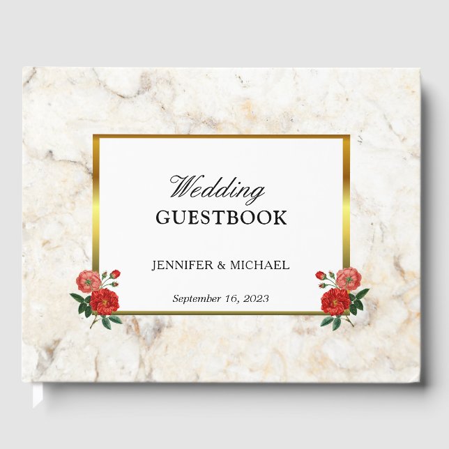 Hochzeitsfeier mit Vintagen rote Rosen aus weißem  Gästebuch (Vorderseite)