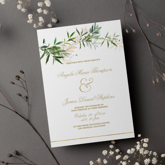 Hochzeitsfeier mit weißem Glitzer Einladung (Classy white green gold glitter foliage wedding )