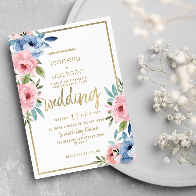 Hochzeitsfeier mit weißem Goldblütengold Einladung (Watercolor pink blue white gold floral Wedding)