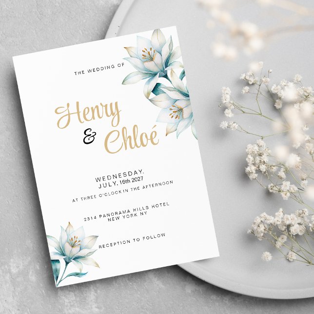 Hochzeitsfeier mit weißer Goldlilie Einladung (Watercolor white blue gold lily floral Wedding )