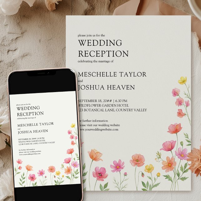 Hochzeitsfeier mit Wildblumen Rosa Orange Blütenfl Einladung (Wedding Reception Invitation available professionally printed or as a printable digital download)