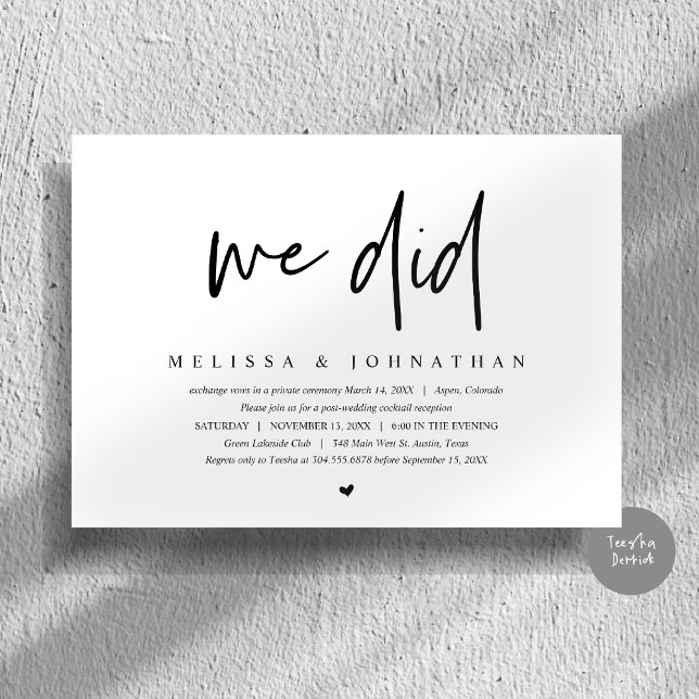 Hochzeitsfeier, modern Minimalistisch Einladung (We Did, Wedding Elopement Dinner Invitation Card, PDF, Modern Minimalist, in Black and White)