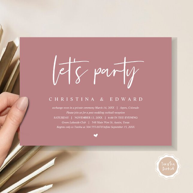 Hochzeitsfeier, modern Minimalistisch, lasse Party Einladung (Let's Party, Post Wedding Elopement Dinner and Party Celebration Invitation Card, in Dusty Rose Pink)