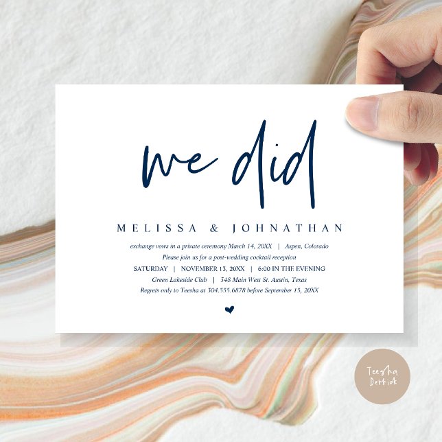 Hochzeitsfeier, modern Minimalistisch, wir machten Einladung (We Did, Wedding Elopement Dinner Invitation Card, PDF, Modern Minimalist, in Navy Blue)