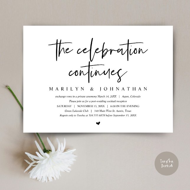 Hochzeitsfeier, Moderne Feier geht weiter Einladung (Wedding Elopement, Modern celebration continues Invitation Card, PDF, in Black and White)