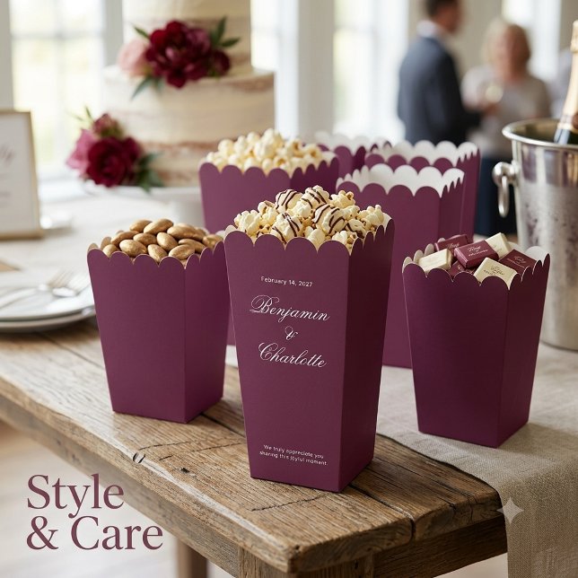 Hochzeitsfeier Name Datum Burgunder Popcorn Geschenkschachtel (Wedding Celebration Name Date Burgundy Popcorn Favor Boxes)