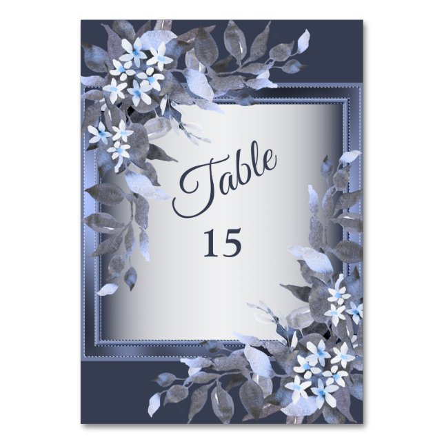 Hochzeitsfeier Navy Blue Floral Silver Grau Tischnummer (Vorderseite)