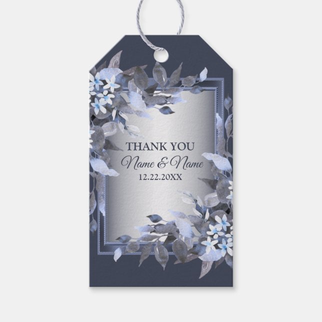 Hochzeitsfeier Navy Blue Floral Silver Gray Modern Geschenkanhänger (Vorderseite)
