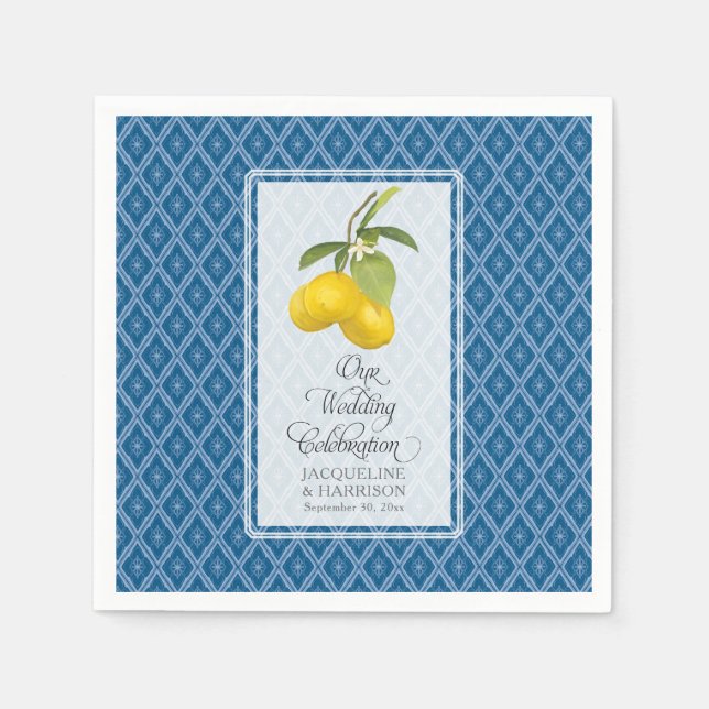 Hochzeitsfeier Navy Blue White Lemon Citrus Serviette (Vorderseite)