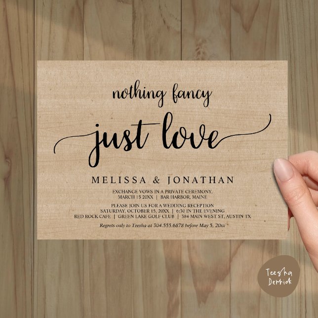 Hochzeitsfeier, nichts Extravagant nur Liebe Dinne Einladung (Wedding Elopement, Nothing Fancy Just Love Dinner Invitation Card, PDF, Rustic Cottage Brown Wood)