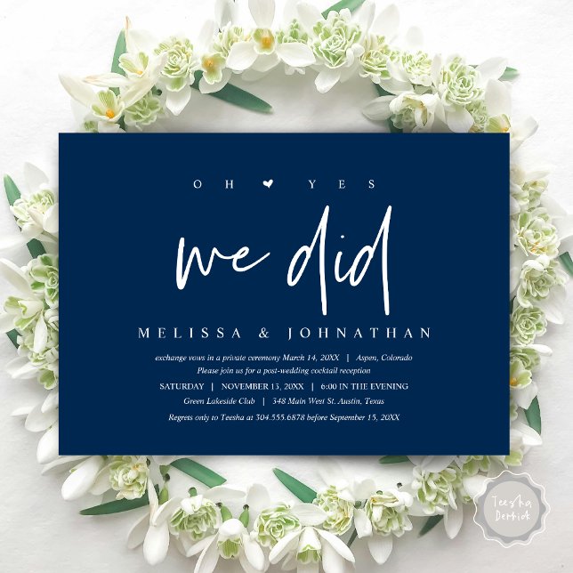 Hochzeitsfeier, oh ja, das haben wir getan einladung (Oh yes we did, Modern Wedding Elopement Dinner Party Invitation Card, PDF, Navy Blue)