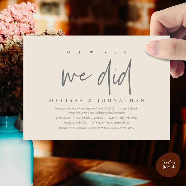 Hochzeitsfeier, oh ja, das haben wir getan einladung (Oh yes we did, Modern Wedding Elopement Dinner Party Invitation Card, PDF, Cream Grey)