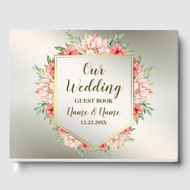 Hochzeitsfeier Peach Orange Bloral Bronze Rustikal Gästebuch (Vorderseite)