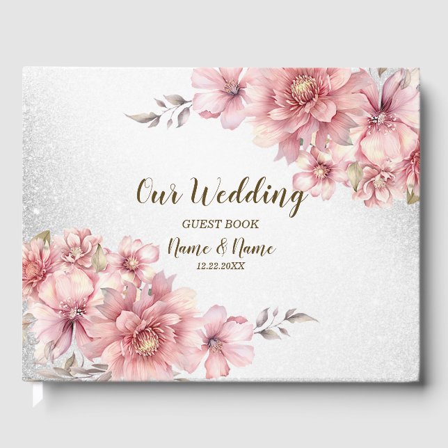 Hochzeitsfeier Pink Wasserfarbe Blume Shiny Glitze Gästebuch (Vorderseite)