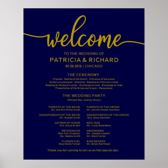 Hochzeitsfeier Programm Gold Navy Blue Poster (Vorne)