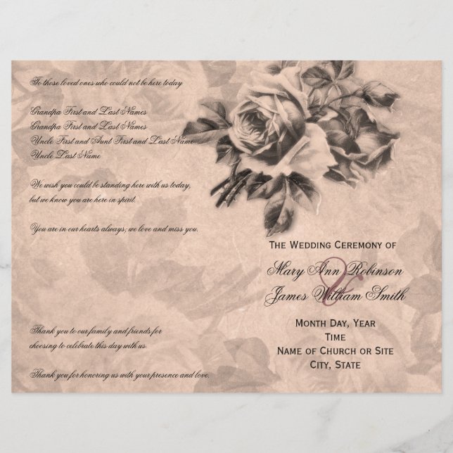 Hochzeitsfeier Programm Vintage Rose Sepia (Vorderseite)