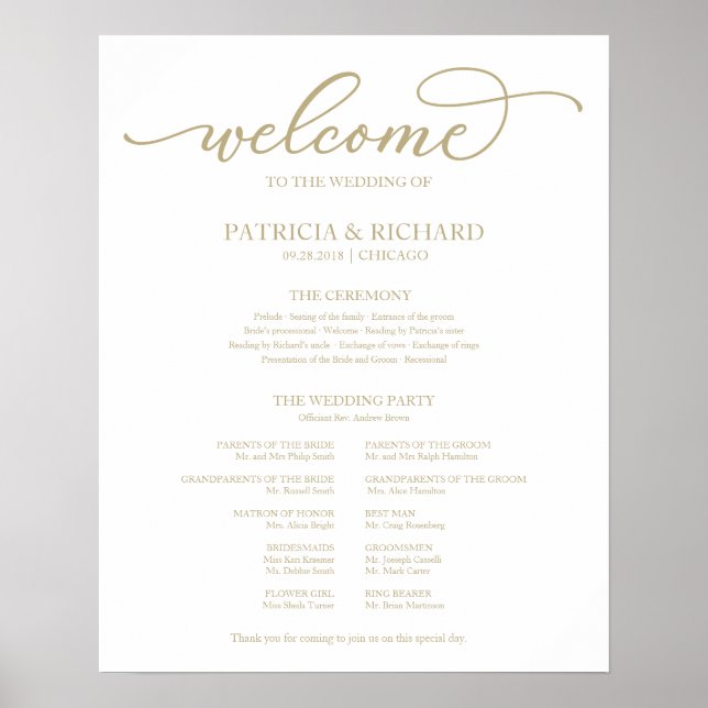 Hochzeitsfeier Programmvorstand Chic Gold Script Poster (Vorne)