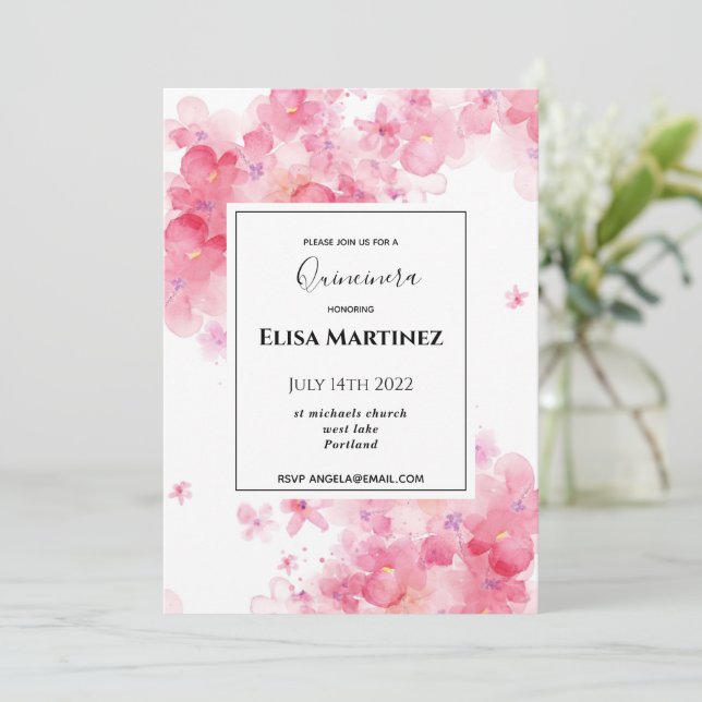 Hochzeitsfeier Rosa Blumenromantik Quinceanera Save The Date (Stehend Vorderseite)