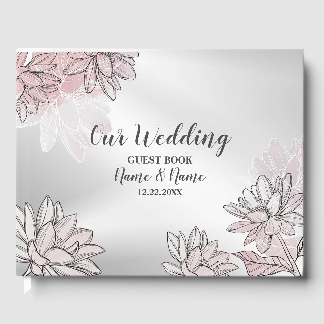 Hochzeitsfeier Rosa Weiße Blume Aquarellsilber Gästebuch (Vorderseite)