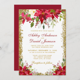 Hochzeitsfeier Rote Poinsettia Gold Glitzer Einladung
