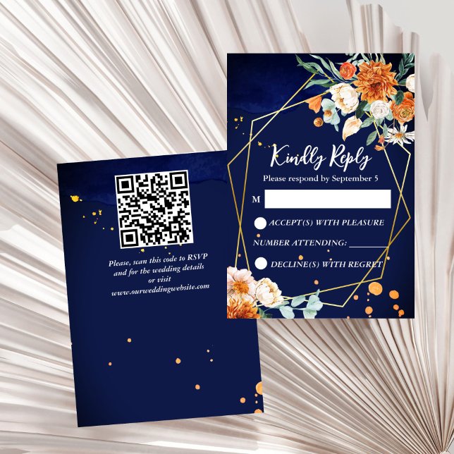 Hochzeitsfeier RSVP (Navy blue orange white roses geometrical gold frame wedding RSVP card wedding invitation suite)