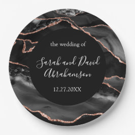 Hochzeitsfeier Schwarz und Rose Gold Glitzer Agate Pappteller