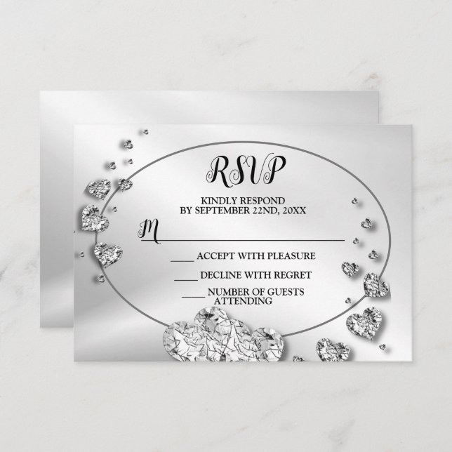 Hochzeitsfeier Silver Shiny Hearts Geometric RSVP Karte (Vorne/Hinten)