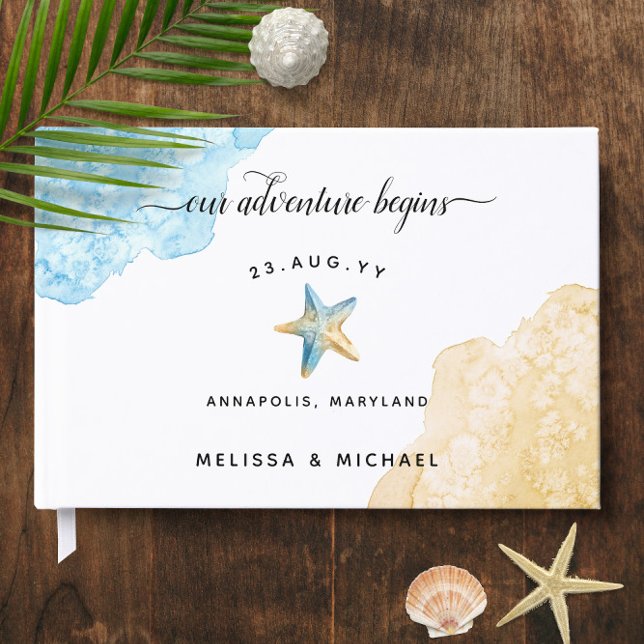 Hochzeitsfeier 🌊 Strand Gästebuch (Watercolor Ocean Blue Sand 🌊 Beach Wedding Guest Book
)