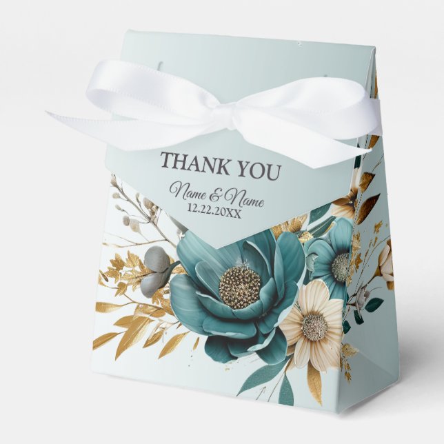 Hochzeitsfeier Türkis Weiße Blume Goldene Blätter Geschenkschachtel (Vorderseite)