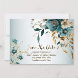 Hochzeitsfeier Türkis Weiße Blume Goldene Blätter Save The Date