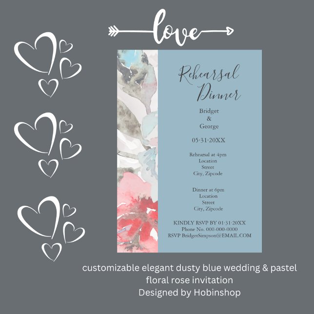 Hochzeitsfeier und blumengeschmückte pastellblaue  einladung (ustomizable elegant dusty blue wedding & pastel floral rose invitation
Designed by Hobinshop)