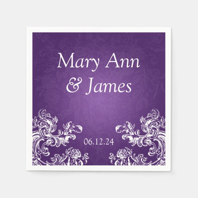 Hochzeitsfeier Vintage Wirbel 2 Lila Serviette (Vorderseite)