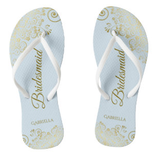 Hochzeitsfeier von Bridesmaid Light Blue & Gold Flip Flops