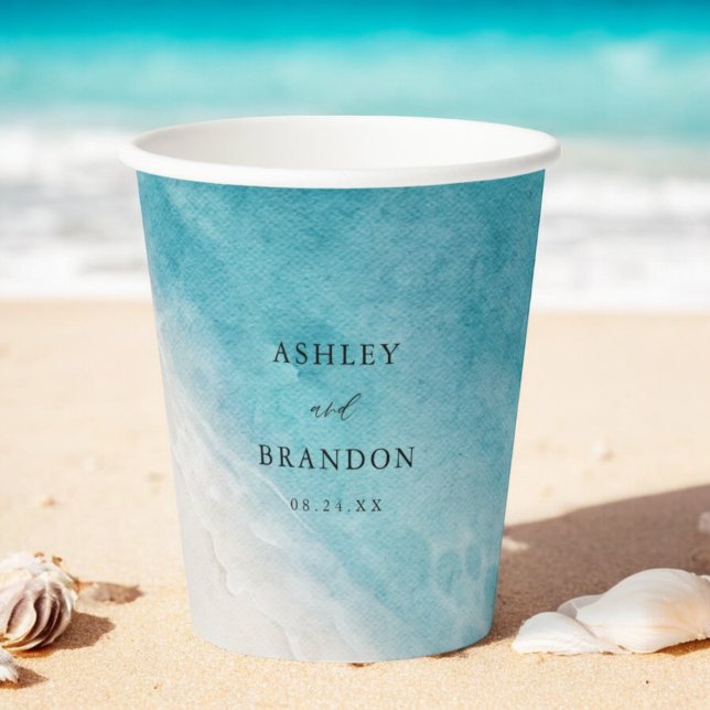 Hochzeitsfeier "Watercolor Ocean Summer Blue Beach Pappbecher (Von Creator hochgeladen)